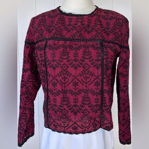 Zara Basic Women’s Maroon/Black‎ Embroidered Eyelet Top Long Sleeves Size Medium